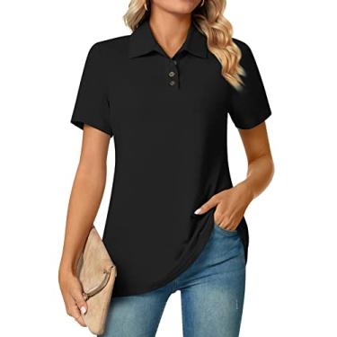 Imagem de Aodemo Camisas polo femininas de verão elegantes com gola de botão, túnica de manga curta, gola V, blusas soltas, Polo-preto, 4G