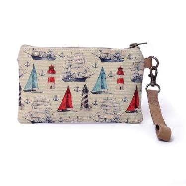 Imagem de COTT N CURLS Carteiras de pulso para mulheres - 11,9 cm x 20,3 cm Carteira feminina feita à mão, 100% lona de algodão com alça de couro, Nautica, 4.7" x 8"