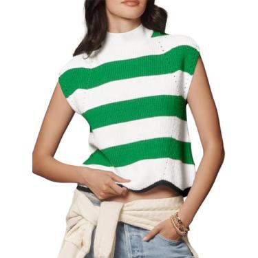 Imagem de Saodimallsu Suéter feminino listrado sem mangas gola redonda manga cavada malha canelada tops cropped verão, Verde, M