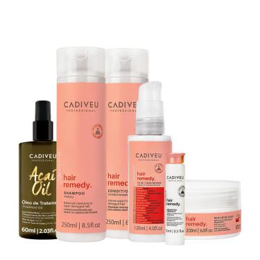 Imagem de KIT CADIVEU ESSENTIALS HAIR REMEDY SHAMPOO CONDICIONADOR MáSCARA SéRUM AMPOLA E AçAí OIL 60 (6 PRODUTOS) 