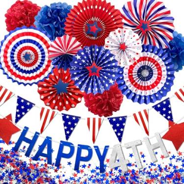 Imagem de Mauts-inus Conjunto de decorações patrióticas de 4 de julho, 27 peças de artigos de festa do Dia da Independência - Fãs de papel pendurados em vermelho, branco e azul, bandeiras dos EUA, estrelas vermelhas e azuis, lembrancinhas de festa de pompons