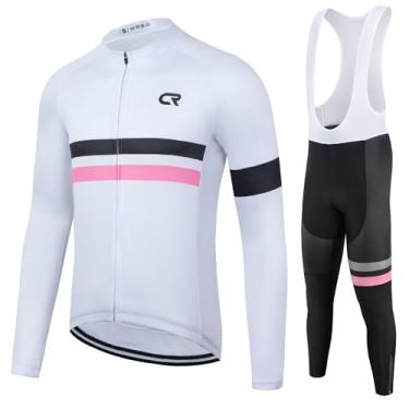 Imagem de Coconut Ropamo CR Conjunto de roupas de ciclismo masculinas, manga comprida, camisa de ciclismo, bolso com zíper, calça de ciclismo acolchoada 3D, Branco/Rosa, G