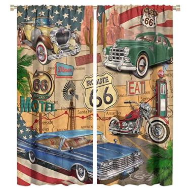 Imagem de GoDazzling Cortinas blackout para carros antigos, tema de carro clássico antigo, rota vintage 66, cortinas de motocicleta, para sala de estar, quarto, 140 x 160 cm, 2 painéis
