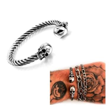 Imagem de Pulseira Bracelete Caveira Aço Inoxidável Crânios Motorcycle Punk Rock