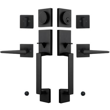 Imagem de Conjunto de maçanetas pretas de ferro para porta de entrada frontal (maçanetas com chave e falsas com fechadura quadrada e alavanca - com dois cilindros com chave semelhantes