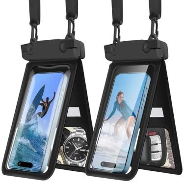 Imagem de Bolsa de telefone à prova d'água, capa para celular IPX8 Double Space para iPhone 15 14 13 Pro Max Plus Samsung Galaxy S23 S22 Ultra, cordão destacável, Cruise Ship Essentials, pacote com 2 (preto +