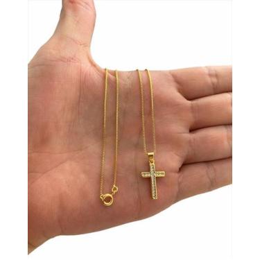 Imagem de Cordão Feminino com Pingente Cruz Cravejado Banhado Ouro 18k - Tojoia1