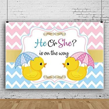 Imagem de Laeacco 2,1 x 1,5 m poliéster fofo pato amarelo pano de fundo para chá de bebê ele ou ela revelação de gênero fundo de festa de borracha pato azul rosa ondulado Chevron listrado estúdio fotográfico
