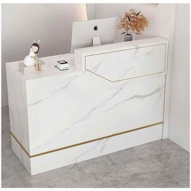 Imagem de Mesa de recepção de salão com balcão moderno com gaveta e prateleiras com trava simples caixa de varejo balcão de recepção para salão de beleza escritório, direita, branca, 140 cm