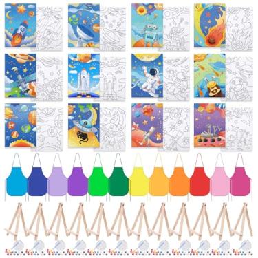 Imagem de Anseal Conjunto de 84 peças de pintura infantil, lembrancinhas de festa espacial, 12 telas pré-desenhadas, 12 pincéis, 12 paletas, 12 conjuntos de tintas acrílicas, 12 aventais, kit de pintura em tela