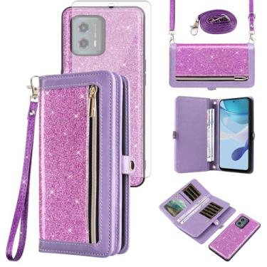 Imagem de Asuwish Capa de celular para Motorola Moto G 5G 2023 com zíper carteira destacável com protetor de tela de vidro temperado, alça transversal com cordão com glitter, suporte para cartão G5G 5 G G5