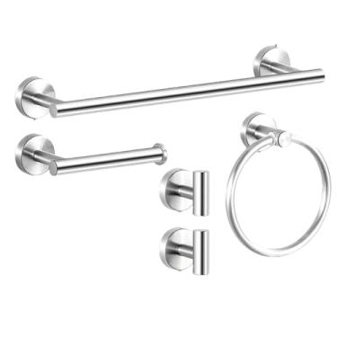 Imagem de Conjunto de ferragens para banheiro de aço inoxidável escovado, barra de toalha, suporte para papel higiênico, gancho para roupas, suporte para rolo de toalha, anel, conjunto completo