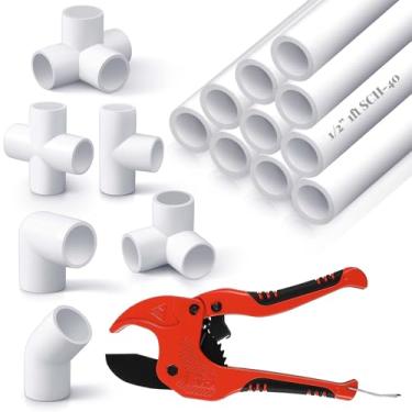 Imagem de Tellegloww 10 tubos de PVC de 1,27 cm x 0,3 m com 42 peças de conjunto de cotovelo de acessórios de tubo de PVC e 1 cortador de tubo de PVC branco faça você mesmo projetos de PVC camiseta de conexão