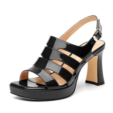 Imagem de CDXJHYMY Sandálias femininas de sola grossa, bico aberto quadrado, salto grosso, tira no tornozelo, sandálias de palmilha de couro com fivela de 8,4 cm, sandálias de salto grosso sexy, Patente preta,