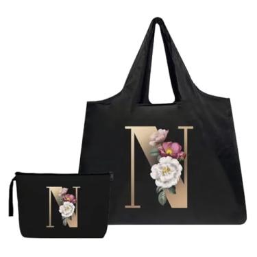 Imagem de LAFARBE Sacola grande inicial sacola de compras com letras florais bolsa de maquiagem personalizada monograma presente damas de honra casamento, N, X-Large
