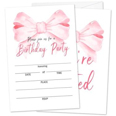 Imagem de Zwsrplo Convites de festa de aniversário com laço rosa para mulheres, meninas, convites de aniversário, convites de aniversário para mulheres, adolescentes e crianças, 20 convites e envelopes -11
