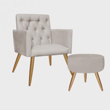 Imagem de Kit Poltrona e Puff Redondo Nina Capitonê Pé Palito Tecido Sintético Bege - Ahz Móveis