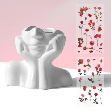 Imagem de CEYAZYE Vaso de rosto de cerâmica, vasos de cabeça fofos, decoração artística para flores e plantas, vaso estético para o corpo, decoração de estante moderna, inclui 2 adesivos de rosa para sala de