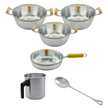 Imagem de Jogo de Panelas Frigideira Canecão 5 Pçs Alumínio Batido Fundido Tampa de Vidro Cabo de Marfim Envernizado Cozinha Moderna Qualidade Profissional
