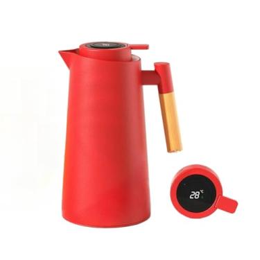 Imagem de Garrafa Térmica De Água 1000ml Com Termômetro Digital LED Para Chás Café Cabo Em Madeira Design Elegante(Vermelho)