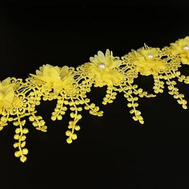 Imagem de 2 jardas flor pérola contas borda acabamento fita apliques florais tecido renda costura renda para casamento vestido de noiva roupas fantasia chapéu decoração (amarelo, 2 jardas)