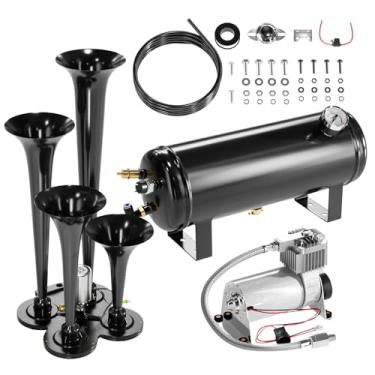 Imagem de Kit de buzina de ar de trem 150DB, 4 kits de buzina para compressores de ar de 150 PSI 12 V, buzina de ar ultra alta com interruptor de pressão embutido de 90-120 PSI e controlador de temperatura para