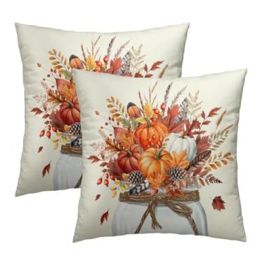 Imagem de Mweet Conjunto de 2 capas de almofada vintage de abóbora 45,7 x 45,7 cm, capa de almofada quadrada de vaso floral laranja rústico de outono para sofá, quarto, varanda, cabine, pátio, decoração