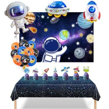 Imagem de RFAPTDM Conjunto De 43 Itens Para Festa Espacial, Incluindo Pano Fundo, Toalha Mesa, Balões Látex Metálicos, Fitas E Enfeites Bolo, Lembrancinhas Temáticas, Decoração Aniversário Infantil Chá Bebê