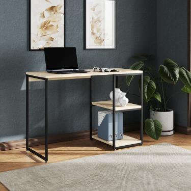 Imagem de Mesa Escritório Berlim Industrial com Prateleira Ferro Preto Tampo 110x46 Off White