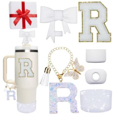 Imagem de Miglaja Acessórios brancos para Stanley Cup 850.5 g 1,134.0 g, todos os acessórios caixa de presente contêm topo de palha de flor, bota de silicone, adesivos de letras e pingentes, conjunto de tampa