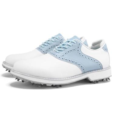 Imagem de ZHENSI Spikes Tênis de golfe feminino à prova d'água para treinamento de golfe de couro com cadarço antiderrapante, Azul, 6.5