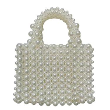 Imagem de HIPIHOM Bolsa de pérolas, bolsa feminina feita à mão com contas de acrílico, bolsa de mão pequena quadrada de pérola para festa feminina, Bege