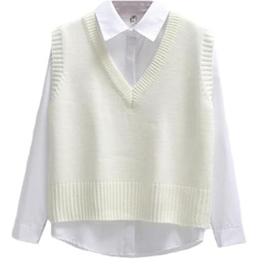 Imagem de Mulheres Camisola Colete Primavera Outono Curto Solto Suéter De Malha Sem Mangas Senhoras Com Decote Em V Pulôver Tops, White, L
