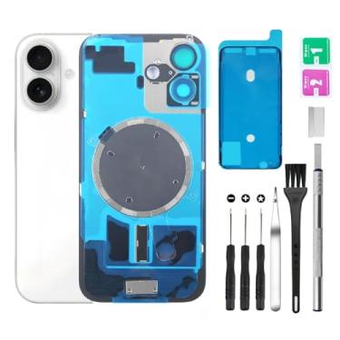 Imagem de Substituição de vidro traseiro para iPhone 16 Plus + lente da câmera + ímã + suporte de peça de ferro com kit de ferramentas de reparo (branco)