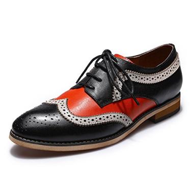 Imagem de Mona flying Sapato Derby feminino casual com ponta de asa Oxfords Brogue feito à mão em couro, Preto, vermelho, 35