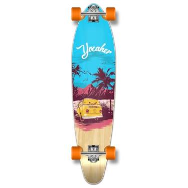 Imagem de Yocaher Longboard Skate Kicktail Cruiser completo 101,6 cm x 25,4 cm com fita de aderência preta premium, caminhão de liga de alumínio resistente, rodas longboard de 71 mm (completo - Kicktail - azul