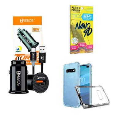 Imagem de Kit Carregador Veicular Turbo 18w com Capinha Samsung S10 Plus + Pelíc