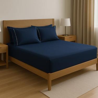 Imagem de Jogo de lençol 3pç micropercal 400 fios ponto palito solteiro casal queen e king (Azul Marinho, Queen)