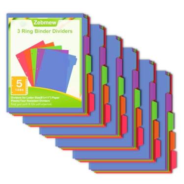 Imagem de 5 divisórias para fichário de 3 anéis, divisórias de plástico para escrever e apagar, multicoloridas, divisórias de página com abas para escritório escolar, 6 conjuntos (30 peças)