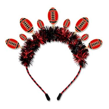Imagem de NLCAC Faixa de cabeça de dia de jogo com glitter tinsel cabeça de futebol Bopper coroa cabeça de futebol americano acessórios para mães roupas de dia de jogo para mulheres (vermelho preto futebol)