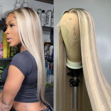 Imagem de Perucas Para Mulheres Branco Loiro Platinado Reto Frente De Renda Perucas De Cabelo Humano 13x4 Hd Transparente 180% Densidade Perucas Frontais De Renda Encaracoladas, 613 Highlight Blonde, 18 Inch