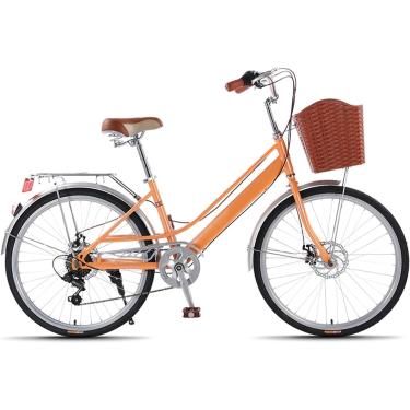 Imagem de Bicicleta Urbana De 24/26 Polegadas, Bicicleta Beach Cruiser De 7 Velocidades, Estrutura De Aço Carbono, Cesta Dianteira E Porta-bagagens Traseiro, B, 24inch