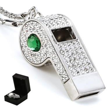 Imagem de Little Syohe Apito de strass prateado, apito de metal brilhante com corrente de presente para árbitros/treinadores/professores/treinamento, caixa de presente premium incluída (cristal verde)