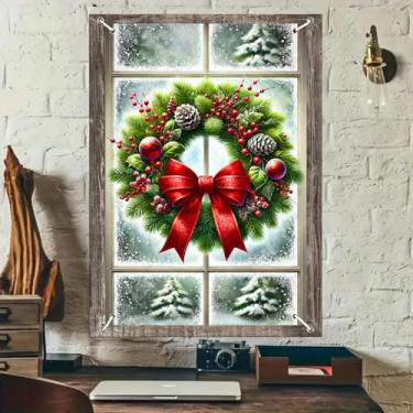 Imagem de BlissYard Decorações de janela de Natal, 81 x 129 cm, guirlanda festiva, enfeites dourados, flocos de neve, sinos de bengala doce, silhueta caprichosa de janelas para decoração de festas de férias em