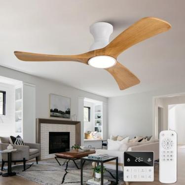 Imagem de OMYU Ventiladores de teto de montagem embutida com luzes, 106,7 cm, controle remoto, interruptor de parede, lâminas de madeira maciça, regulável, reversível sem ruído, ventilador de teto moderno com