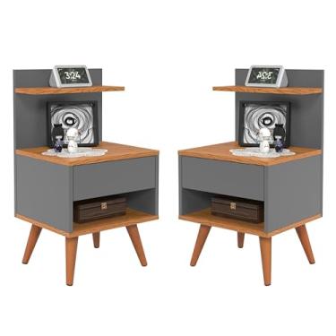Imagem de Kit 2 Mesa De Cabeceira Para Cama Lateral Quarto Apoio Retro Pé Palito (Cinza)