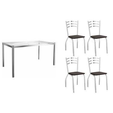 Imagem de Sala de Jantar Completa Reno c/ Tampo de Vidro 150x80cm e 4 Cadeiras Portugal Cromada/Preto 110 - Kappesberg