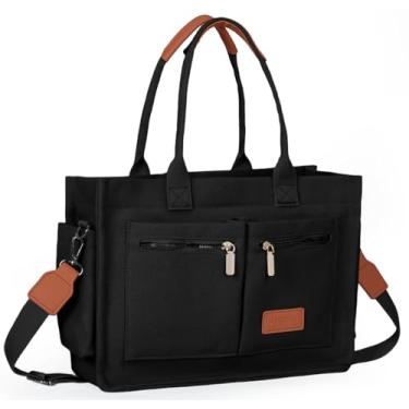 Imagem de ABCTAISK Bolsa feminina grande de lona com bolsos, bolsa transversal para laptop, bolsa para uso diário, bolsa de ombro Hobo para viagem e trabalho, Z-classic preto, Large