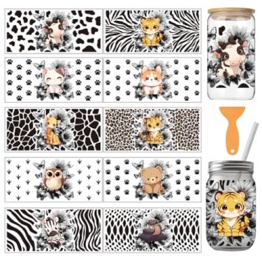 Imagem de arricraft 10 folhas tema animal UV DTF copo envoltório para vidro de 473.6 g, tigres gatos cães estampas texturizadas esfregar em decalques adesivos de transferência de PVC para copos DIY madeira