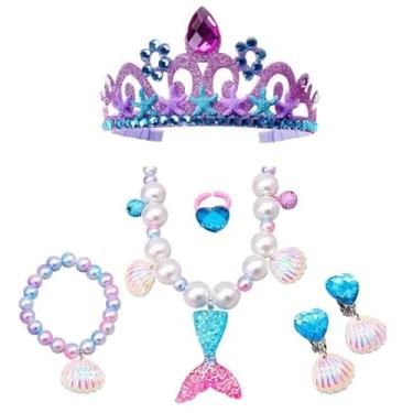 Imagem de Kit Colar Pulseira Brincos Anel Coroa Sereia Infantil (Rosa)